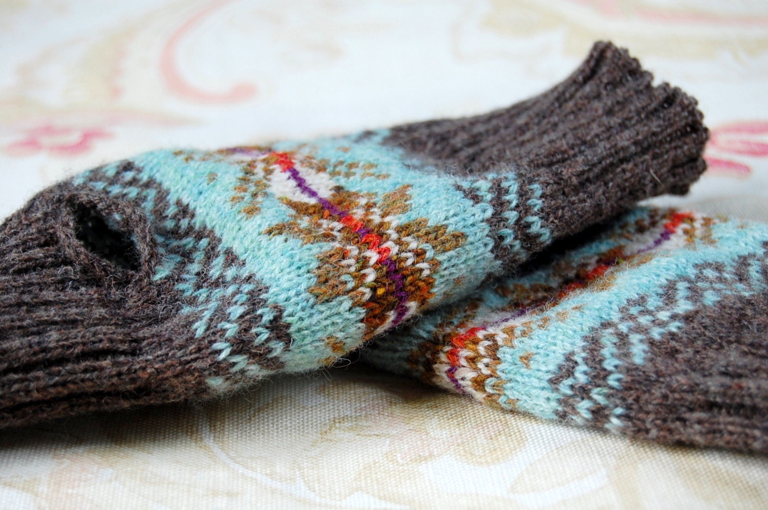 Wool Knit Fair Isle Fingerless Gloves Mitts Duck Egg Blue Rust