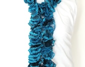 Hand knit teal blue ruffle scarf, teal blue scarf, teal scarf, hand knit blue scarf, knitted blue scarf, long blue scarf, sequined scarf