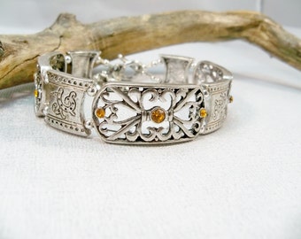 Silver Double Strand Bracelet, Silver Bracelet, Gift for Her, Amber Crystal Bracelet, November Birthstone Jewelry, Silver Cuff