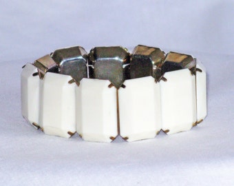 Vintage White Thermoset Chiclet Panel Stretch Bracelet (BR-1-2)
