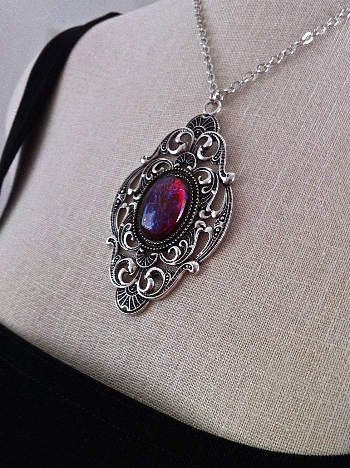 Victorian Gothic Necklace Dragons Breath Opal Pendant Goth