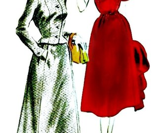 1950s Couture Dress Pattern - VOGUE 7585 - 1951 Shawl Collar Dress with Six-Piece Skirt & Matching Jacket - UNCUT, Factory Folded - Bust 30