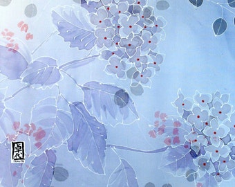 Hand Painted Silk Shawl, Blue Kimono Scarf, Chiffon Scarf, Blue Hydrangea Evening Wrap, Silk Scarves Takuyo, 22x90 inches. Made to order