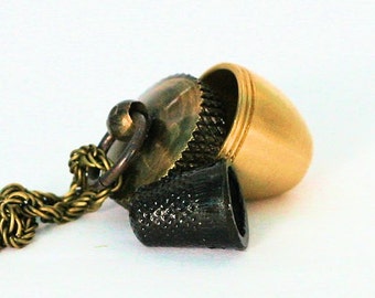 Acorn and Hidden Thimble Kisses Peter Pan Jewelry and Wendy Necklace V In Shiny and Antiqued Brass