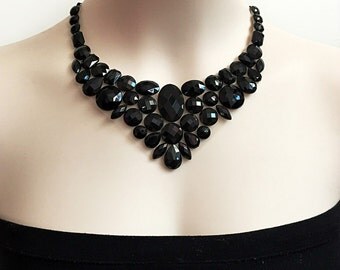 jet black bib rhinestone necklace, wedding, bridesmaids, prom necklace, gift or for you NEW