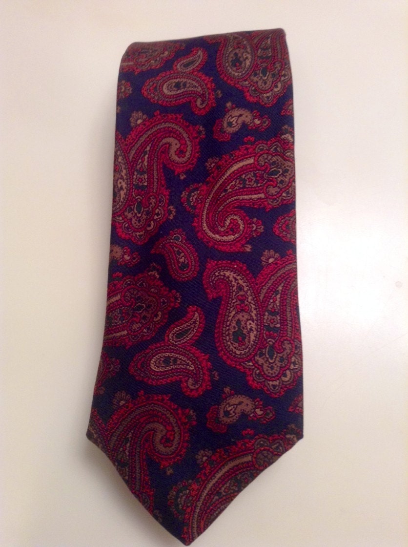 Mens Silk Paisley Neckie By Brooks Brothers / 80s Navy Blue