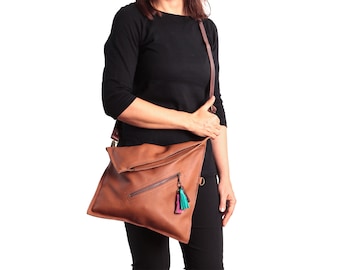 Cross body bag, Fold over purse, Brown leather crossbody purse