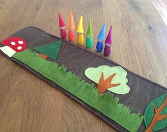Woodland Roll Up and Play Mat with Rainbow Gnomes, Wool felt toy, felt toadstool, Waldorf toy, Handmade toy, play mat, travel toy