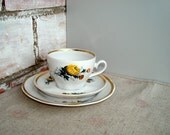 Vintage tea cup, saucer and plate trio,  USSR collectible coffee set,  fine bone china RPR Riga porcelain 1970s