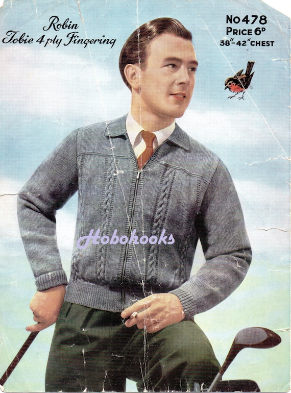Mens Knitting Pattern 1950s Mens zipper Cardigan Mens Jacket