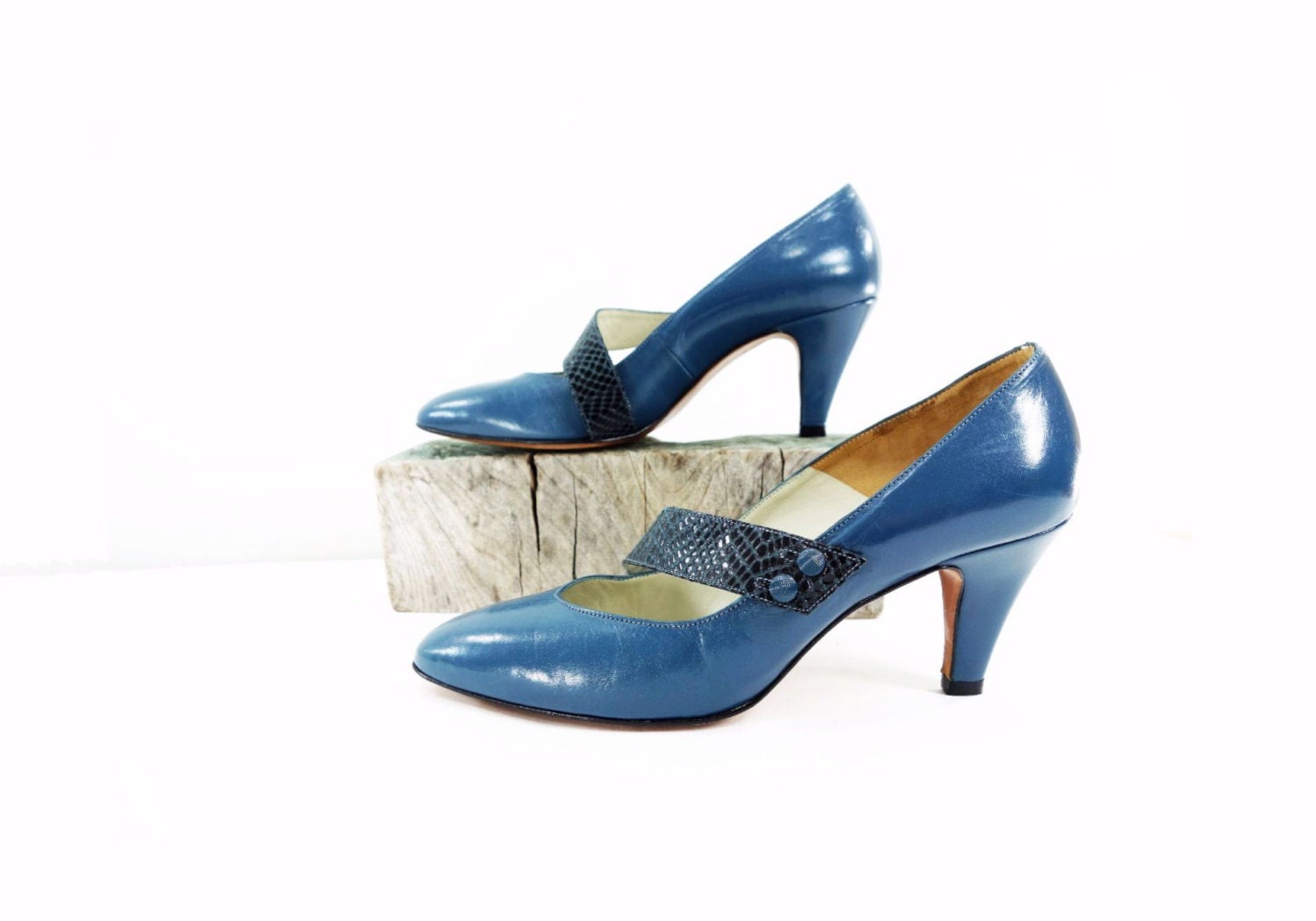 Blue Vintage Heels, 1980s Vintage MaryJanes, Snakeskin Pumps, Vintage ...