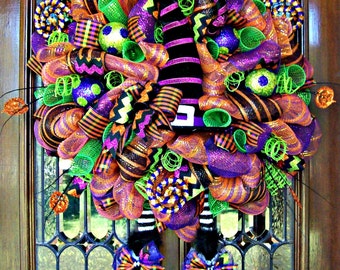Whimsical Halloween wreath, Halloween Wreath, Halloween witch wreath, Halloween witch door wreath, Halloween decor, witch hat and boots