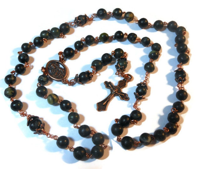 FREE SHIPPING Catholic rosary "Cast out the Devil" Serpentine beads with copper wire, copper cross and center - free pouch