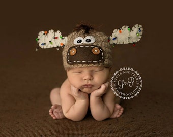 Moose Hat with christmas lights NEWBORN christmas hat photo prop christmas reindeer hat newborn boy or girl Tan Offwhite brown Made to Order
