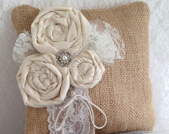 Wedding ring pillow Rustic ring bearer pillow Rustic wedding burlap lace ring bearer pillow 8" x 8"