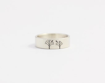 Unique Wedding Band or Engagement Ring with Birds in a Trees 6mm wide 9ct White Gold
