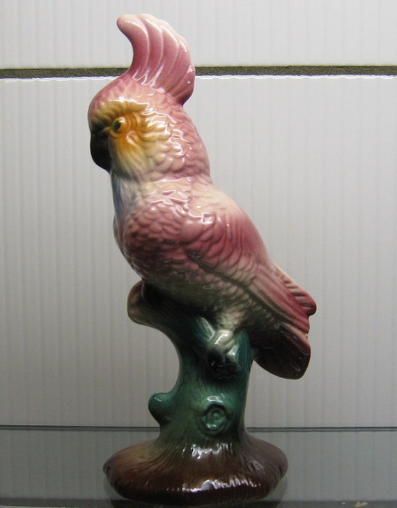 Cockatoo Figurine Vintage 50s Pink Pottery Parrot Bird Statue