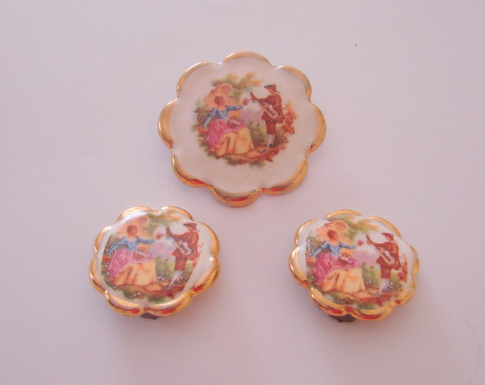 Victorian Revival Demi Parure / Brooch / Clip Earrings / Litho Courting Scene / Vintage Jewelry / Jewellery