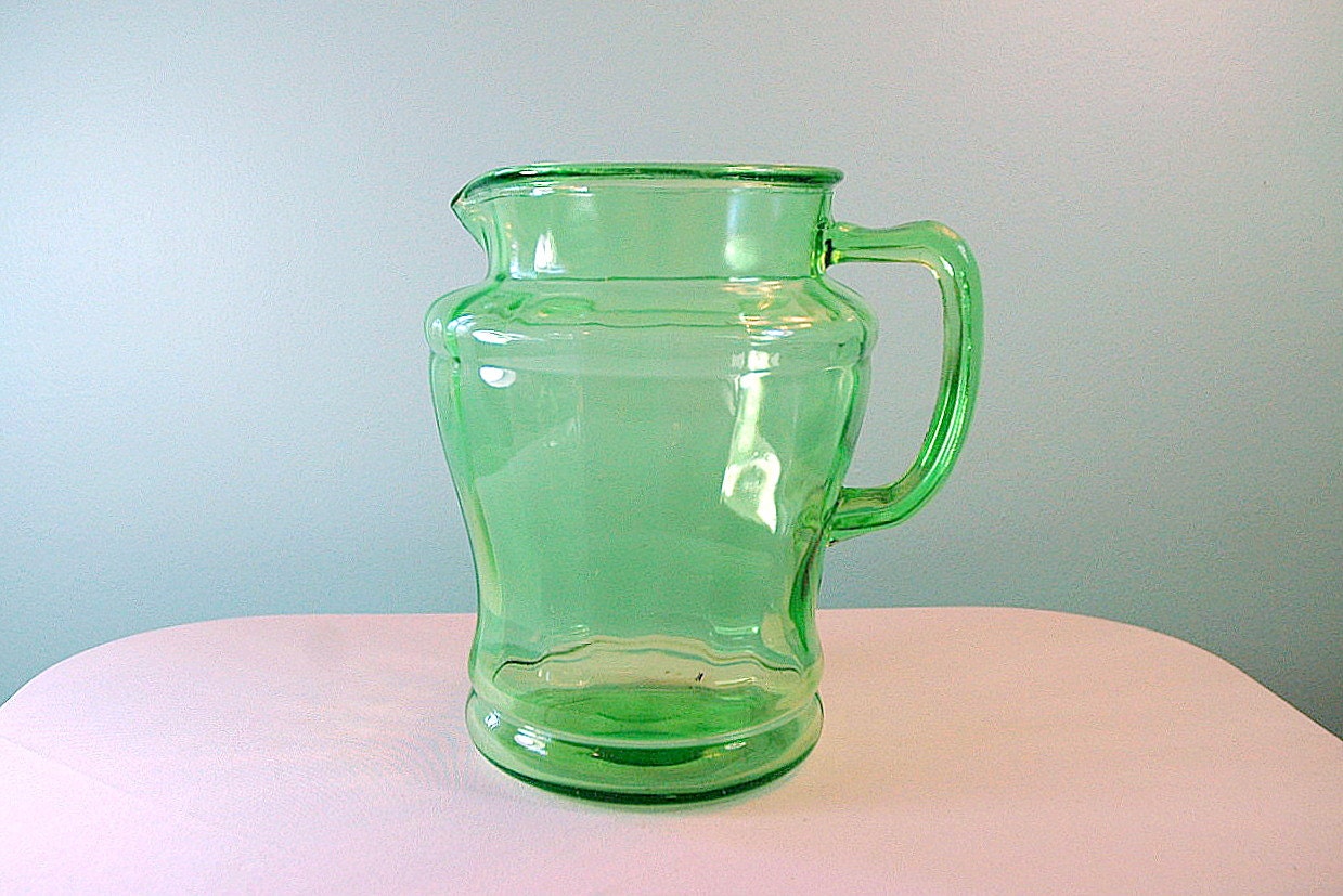 ON SALE Vintage 1930's Green Uranium Glass Pitcher