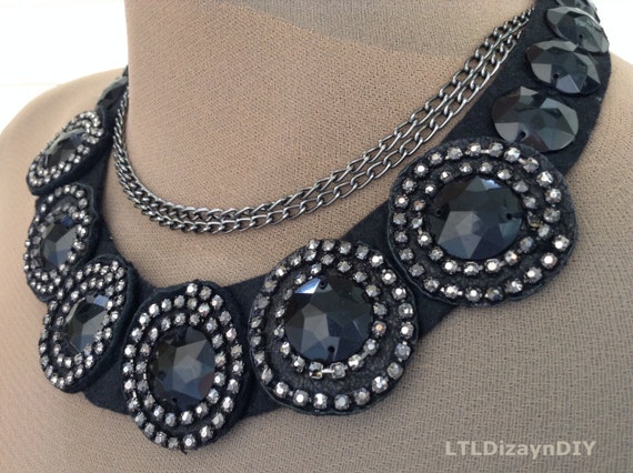 three row necklace,black felted bib necklace,rhinestone chain choker,statement necklace,handmade,black nickel chain necklace,trendy fashion
