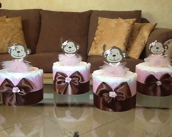 Baby Girl diaper cake set of 4 mini diaper cakes Monkey themed baby shower centerpieces