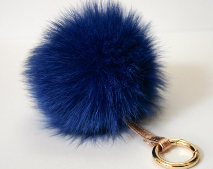 Royal Blue Fox Fur Pom Pom luxury bag pendant with real leather strap circle buckle keychain bag charm accessory