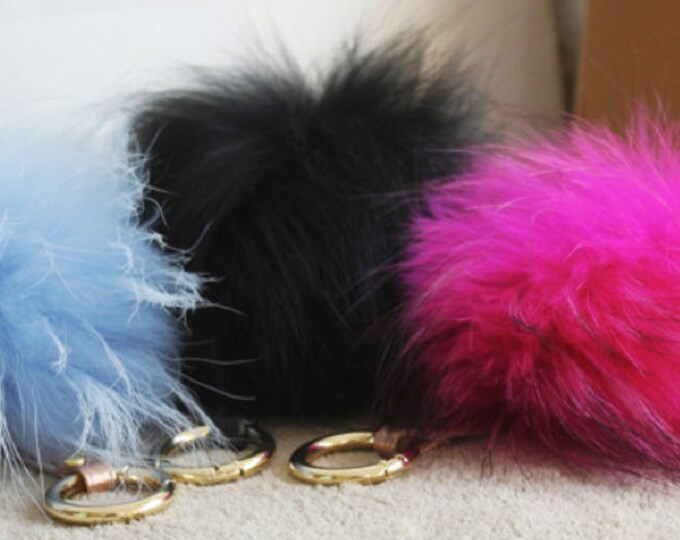 NEW! Raccoon Fur Pom Pom luxury bag pendant + leather strap metal buckle key ring chain bag charm GREY