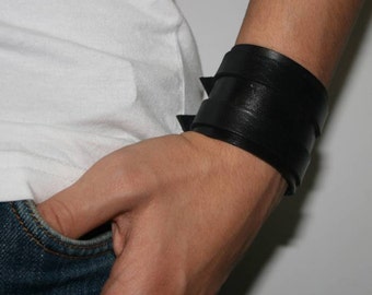 Leather bracelet genuine leather wristband first class leather cuff men's bracelet 2 straps black