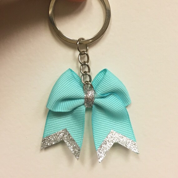 Cheer Bow Keychain Teal & Silver Glitter Micro by
