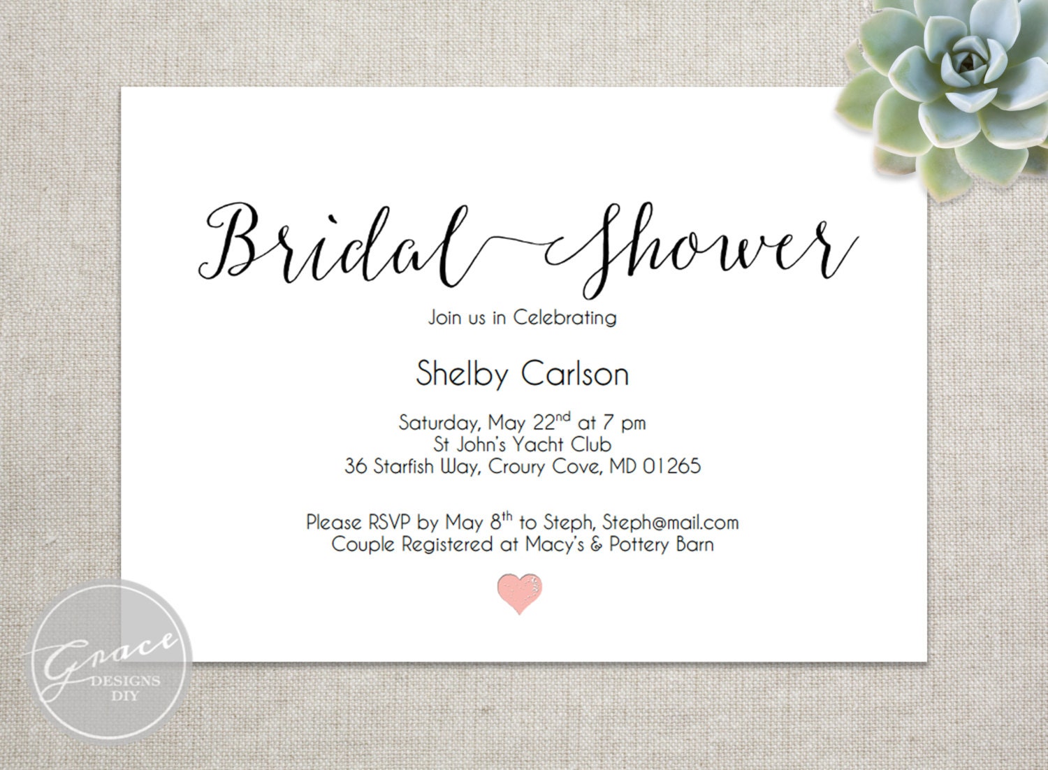 Printable Bridal Shower invitation Editable text and blush