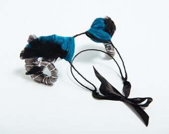 Rams horn headdress. Silver and Blue organza. Soft, bouncy horns for clubbing or festival wear! Stunning costume pieces.