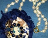 The Lady in blue Necklace completely hand crafted with resin cameo and fresh water pearls, swarowsky