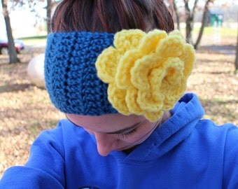 items similar to blue crochet headband with yellow blue crochet headband earwarmer with yellow flower items similar to blue crochet headband with yellow blue crochet headband earwarmer with yellow flower