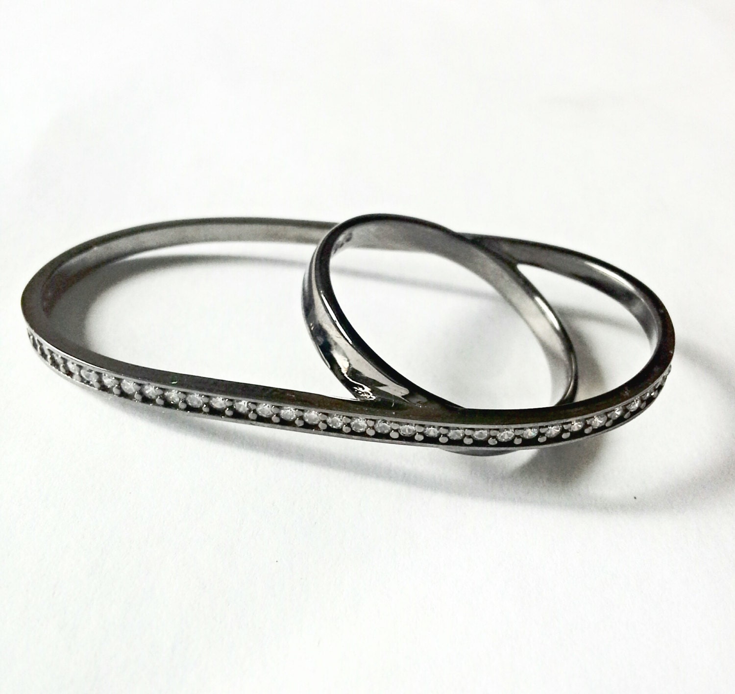 Black double/two-finger ring 925 sterling silver with white