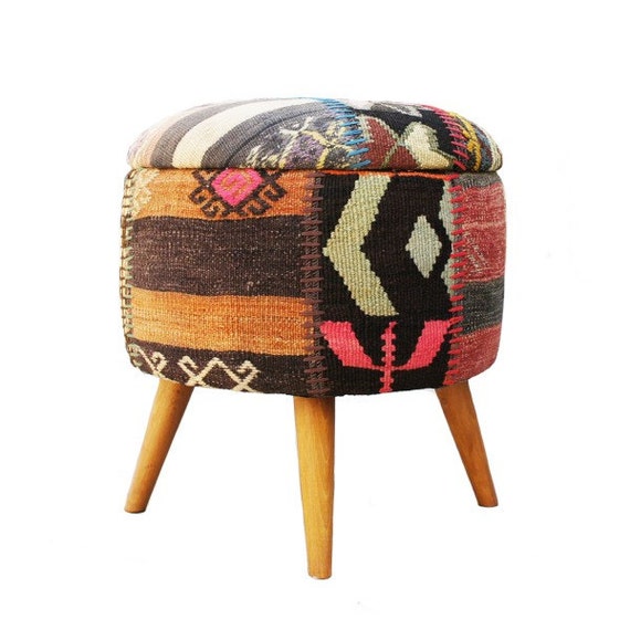 Kilim Round Stool Covered with Vintage Over dyed by DjemKilimHome