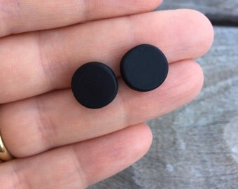 Black round polymer clay stud earrings. Surgical steel posts. Simple design. Minimalist.