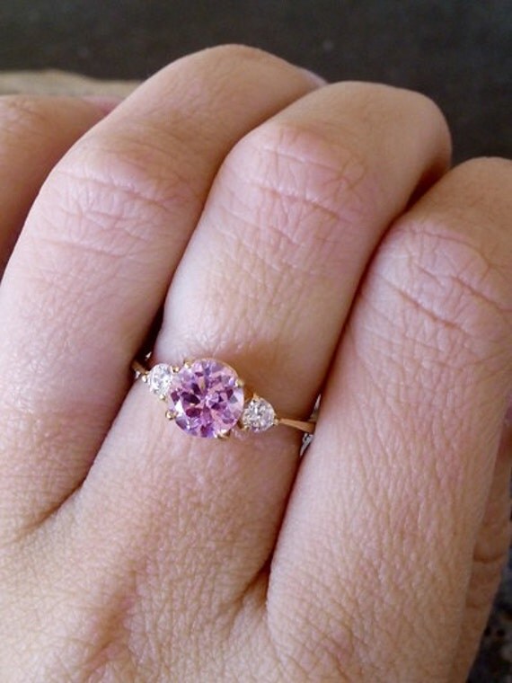SALE Three stone ring Rose quartz ring Gold Ring promise