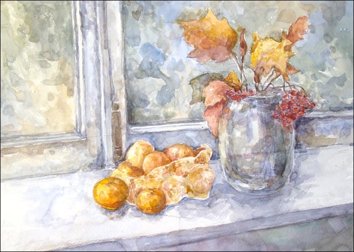 Still Life on Windowsill Original Watercolor Painting