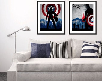 Avengers Captain America Poster. Navy Gray Red Pop Culture and Modern Home Wall Decor Art. Gift For Him. Set of 2 Prints. Item No.: 038