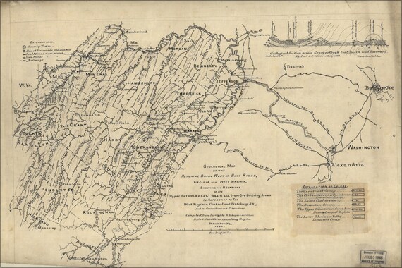 24x36 Poster Geological Map Of Potomac River Basin 1882