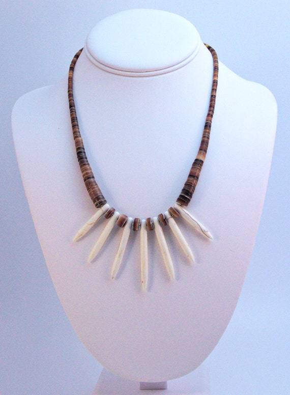 Brown oyster heishe shell necklace with magnesite & silver accents