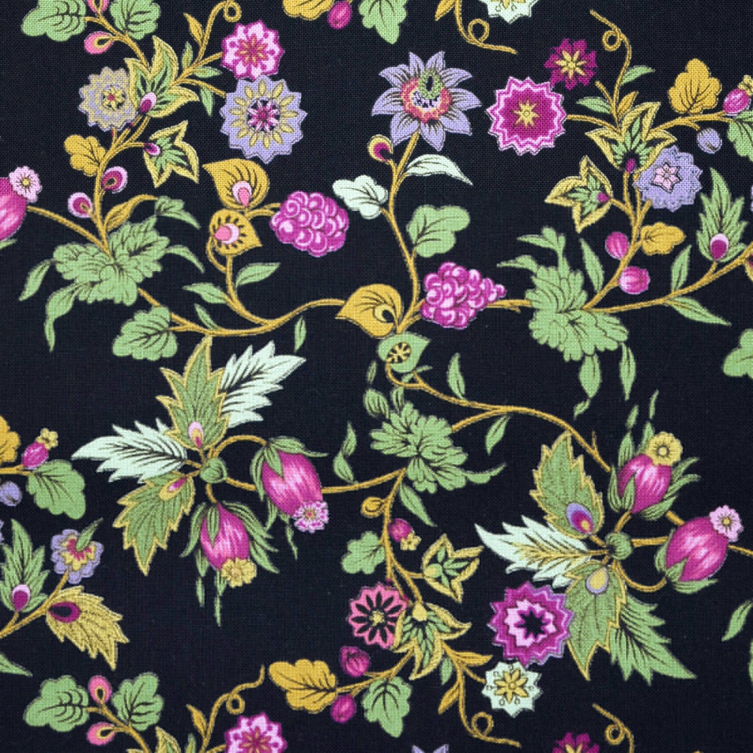 Cotton Quilt Fabric small print floral bright colours on black