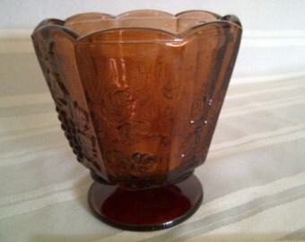 Brown Glass Candy Dish-Pedestal; Scalloped Rim; Panelled Grape Design