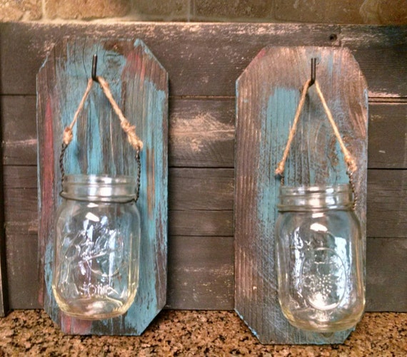 Items similar to Distressed Turquoise Mason Jar Wall Sconces/Candle