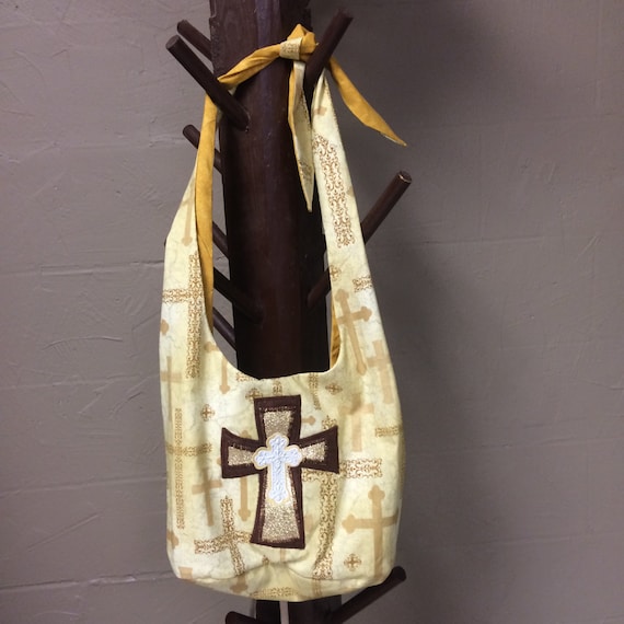 Handmade Hobo purse, tote bag, Bible bag, cotton, ccross pattern, gold ...