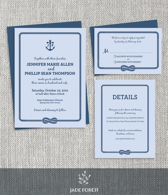 Nautical Wedding Invitation Set DIY Printable by JadeForestDesign