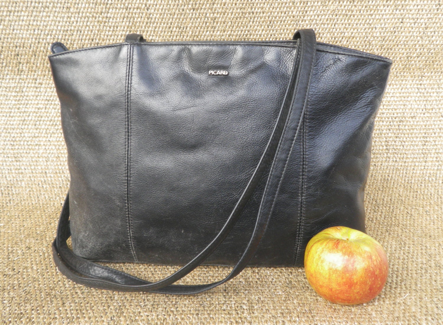 Vintage PICARD Black Leather Zip Up Top Tote Shoulder Bag