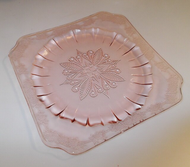 Vintage Pink Glass Dessert Plate…Octagon Shape…Floral Design..7.5 inch