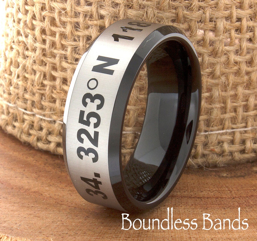 Coordinates Ring Tungsten Customized Beveled Two Tone Laser Engraved Ring Unique New Modern Fashion Coordinates Ring Band Latitude Longitude