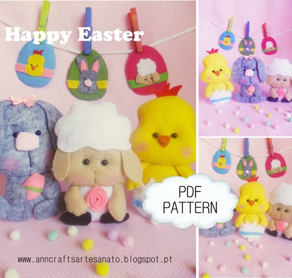 PDF Pattern, Happy Easter, Bunny, Chick, Lamb Easter, Easter Eggs, Sewing Pattern, Felt Toy Pattern, instant download, digital download